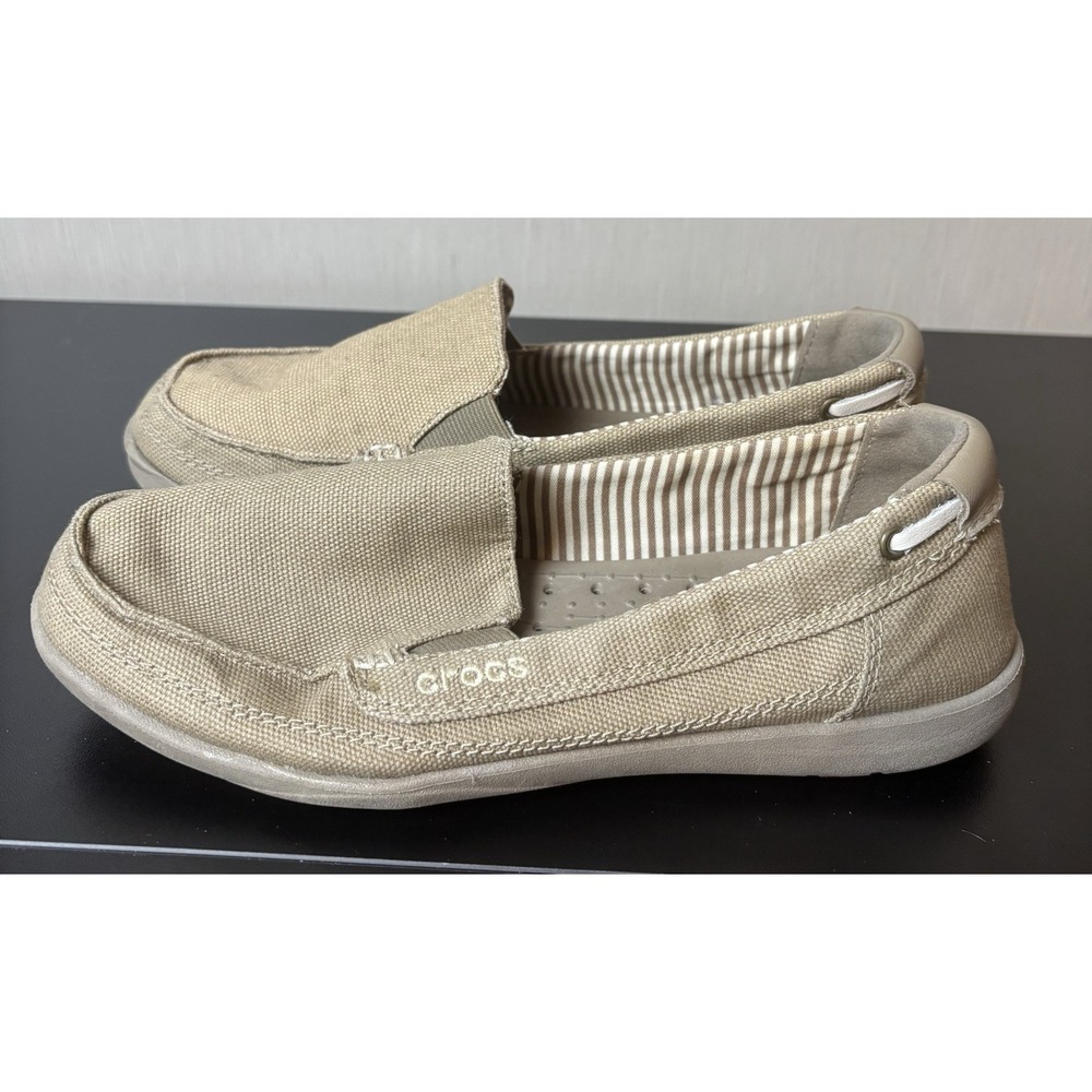 Crocs Shoes Womens 6 Walu Loafers Khaki Canvas Casual Slip On